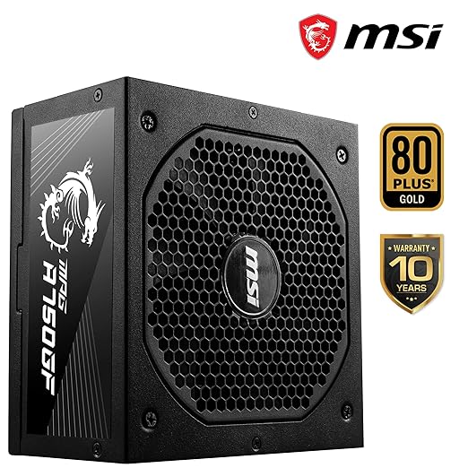 MSI MPG A750GF Power Supply Unit - 750W, 80 Plus Gold Certified, Modular Cable Design, for Gaming PC, DC-to-DC Circuit, 140mm Fan, Supports GeForce RTX 30/40 GPU, 105�C capacitors, 10-Year Warranty