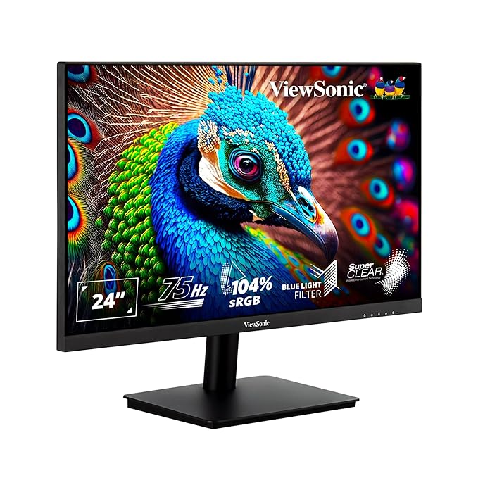 ViewSonic 24 Inch Full HD Monitor 75Hz 4Ms with Eye-Care Technology Low Energy Consumption Flicker Free Technology HDMI, VGA, Wall Mount, for Office and Home Use and 104% Srgb - VA2406-H