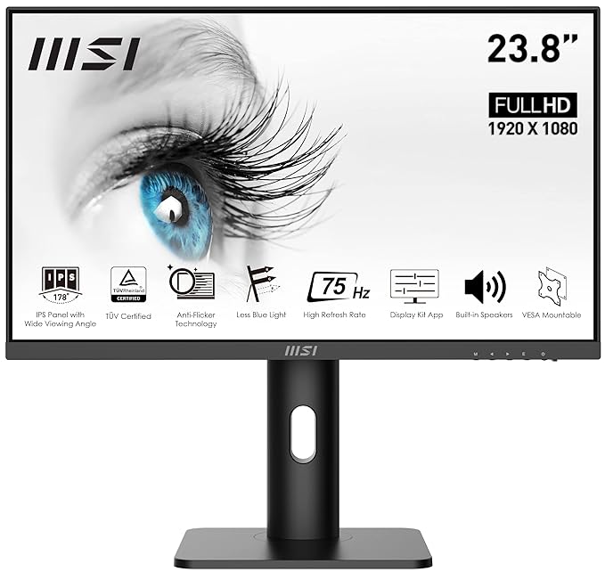 MSI PRO MP243P 23.8 Inch Full HD Business & Productivity Monitor - 1920 x 1080 IPS Panel, 75 Hz, Eye-Friendly Screen, Built-in Speakers, HDMI, DP, Black