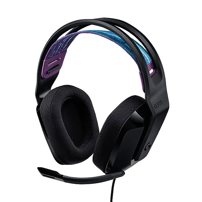 Logitech G335 Lightweight Gaming Wired Over-Ear Headphones with Mic, featuring Flip-to-Mute, 3.5mm Audio Jack, Memory Foam Earpads, and compatibility with PC, PlayStation, Xbox, and Nintendo Switch, in Black.