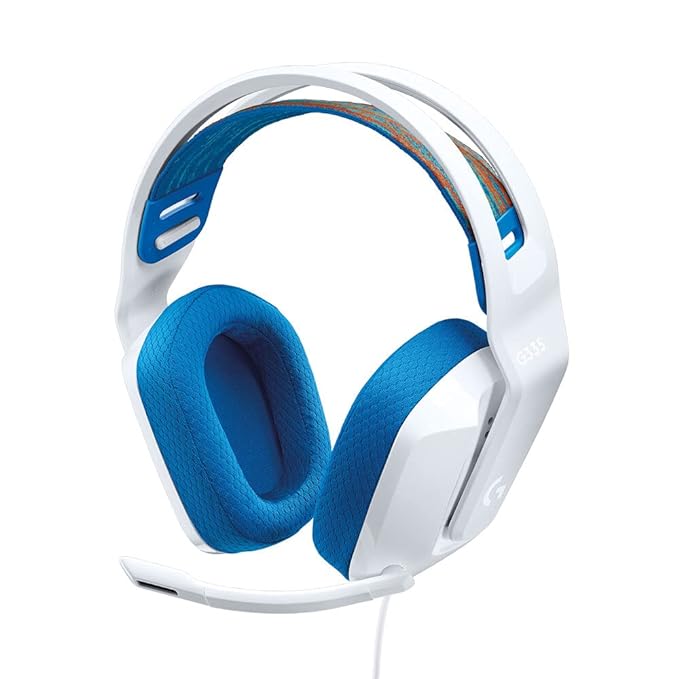 Logitech G335 Lightweight Gaming Wired Over-Ear Headphones with Mic, featuring Flip-to-Mute, 3.5mm Audio Jack, Memory Foam Earpads, and compatibility with PC, PlayStation, Xbox, and Nintendo Switch, in White.