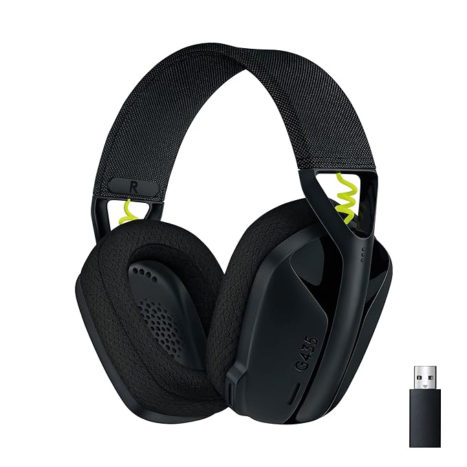 Logitech G435 Light Speed and Lightweight Gaming Bluetooth Wireless Over-Ear Headphones with Mic, boasting an 18-hour battery life and compatibility with Dolby Atmos, PC, PS4, PS5, and mobile devices, in Black.