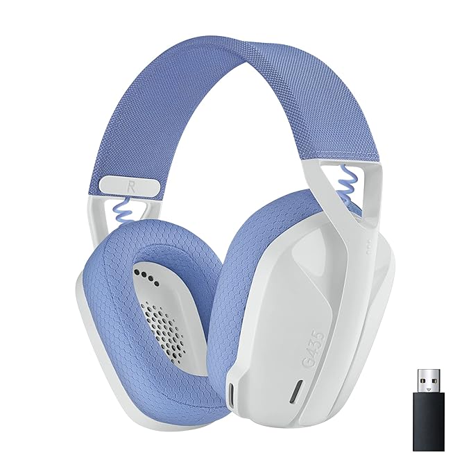 Logitech G435 Lightspeed and Bluetooth Wireless Over-Ear Gaming Headphones in White, featuring a lightweight design, dual microphones, 18-hour battery life, and compatibility with Dolby Atmos, PC, PS4, PS5, and mobile devices.