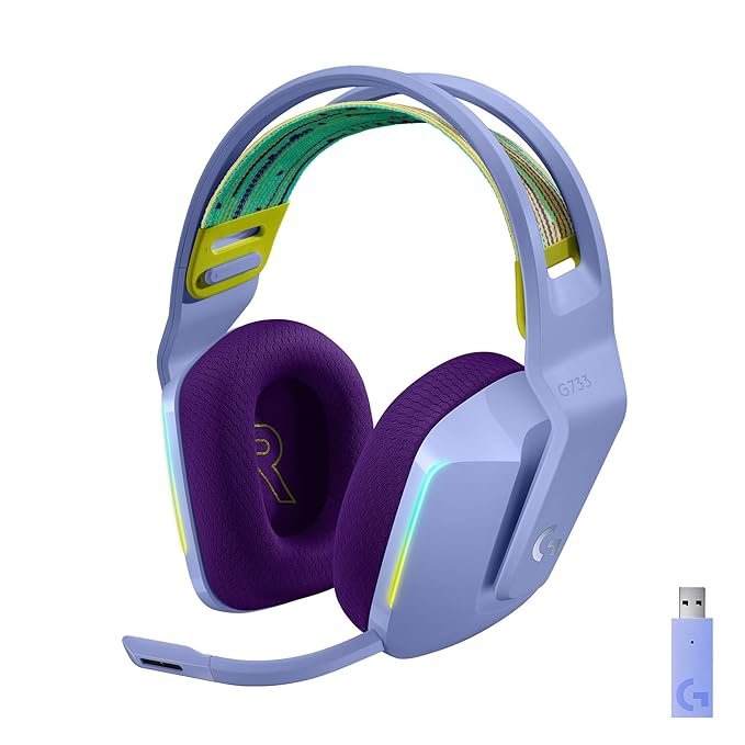 Logitech G733 Lightspeed Wireless Gaming On-Ear Headset in Lilac, featuring a suspension headband, LIGHTSYNC RGB, Blue VO!CE mic technology, and PRO-G audio drivers.