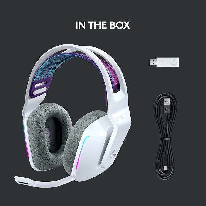 Logitech G733 Lightspeed Wireless Gaming Headset in White, featuring an over-ear suspension headband, LIGHTSYNC RGB, Blue VO!CE mic technology, and PRO-G audio drivers.