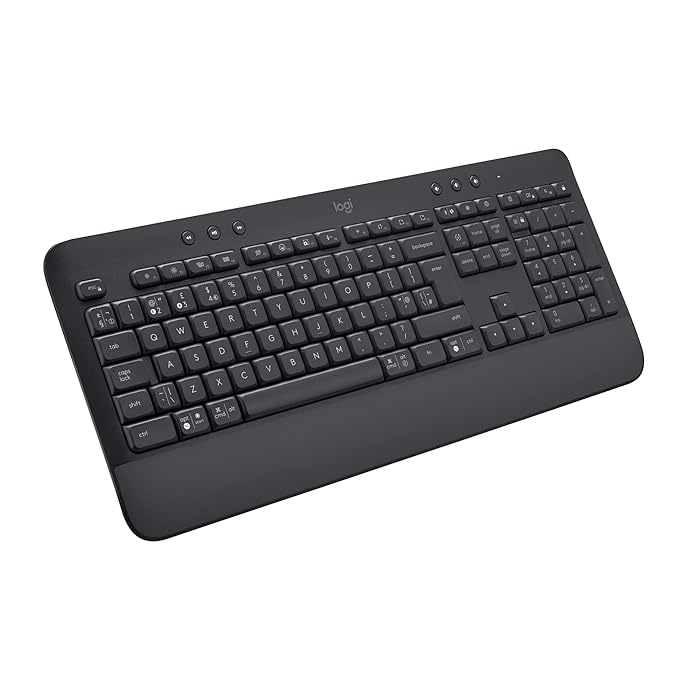 Logitech K650 wireless keyboard features a built-in palm rest, deep-cushioned keys, and multi-device connection (Bluetooth or USB) for a productive and comfortable typing experience (Windows/Mac compatible).