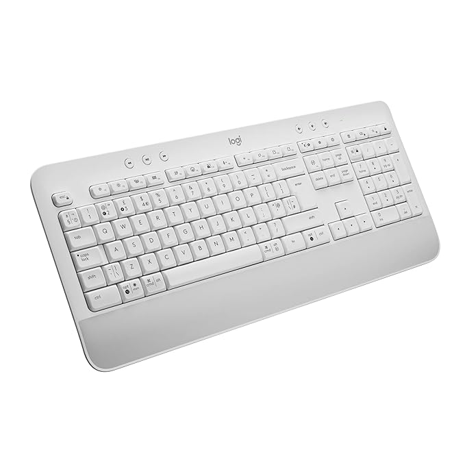 Logitech K650 wireless keyboard (White) boasts a built-in palm rest, comfy deep-cushioned keys, and multi-device connection (Bluetooth or USB) for a productive setup (Windows/Mac compatible).