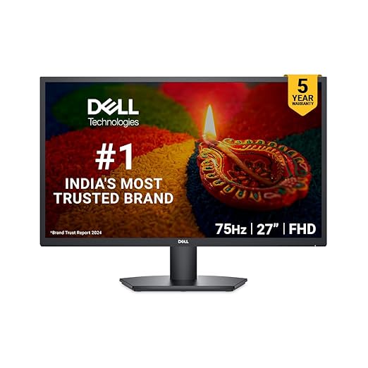 Dell SE2725H Monitor | 27" (68.58 cm) FHD | 16:9 Aspect Ratio | 75Hz | 5ms Response Time | 3000:1 Contrast Ratio | 300 cd/m² Brightness | Tilt Adjustment | HDMI, VGA, Power Connector, Security Lock