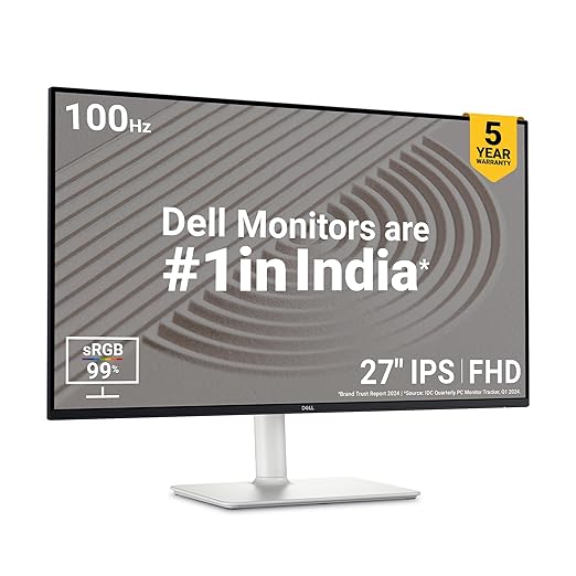 Dell S2725HS Monitor | 27" (68.58 cm) FHD | 100Hz | 4ms (Extreme) | 1500:1 Contrast Ratio | 99% sRGB | Flicker-Free | 300 cd/m² Brightness | Dual Speakers | Ports: 2x HDMI | Silver