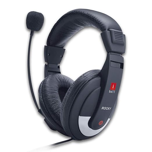 iBall Rocky Wired Over-Ear Headphones | With Mic | 3.5mm Jack | Impedance: 32Ω | Sensitivity: 110dB | 2-pin Audio Jack | 100mW | Black