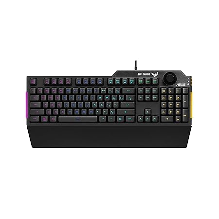 ASUS TUF K1 Membrane USB Gaming Keyboard for PC | Programmable | Onboard Memory | Dedicated Volume Knob | Aura Sync RGB and Side Lighting | Detachable Wrist Rest | Spill-Resistant | Black