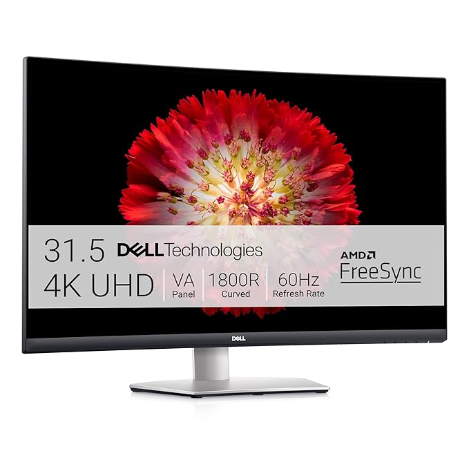 Dell S3221QS 32 Inch Curved 4K UHD Monitor | 3840x2160 Pixels | VA Panel | Ultra-Thin Bezel | AMD FreeSync | HDMI, DisplayPort | Built-in Speakers | VESA Certified | Silver