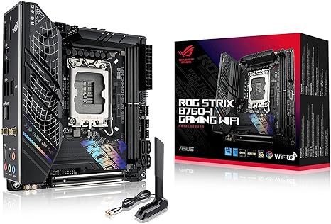 ASUS ROG Strix B760-I Gaming WiFi 6E LGA 1700 Mini-ITX Motherboard, PCIe 5.0, DDR5 up to 7600 MT/s, 8+1 Power Stages, Dual M.2 Slots, USB 3.2 Gen 2x2 Type-C, Aura Sync RGB