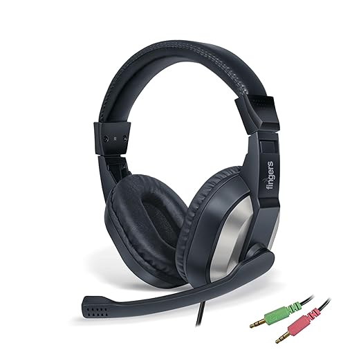 FINGERS F10 Wired On-Ear Headphones with Adjustable Mic, 40mm Drivers & Dual 3.5mm Connectors for Laptops/PCs – Black & Slate Grey