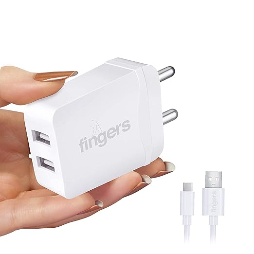 Fingers PA-Dual USB Mobile Adapter with Micro USB Cable, Dual USB Ports, White Color