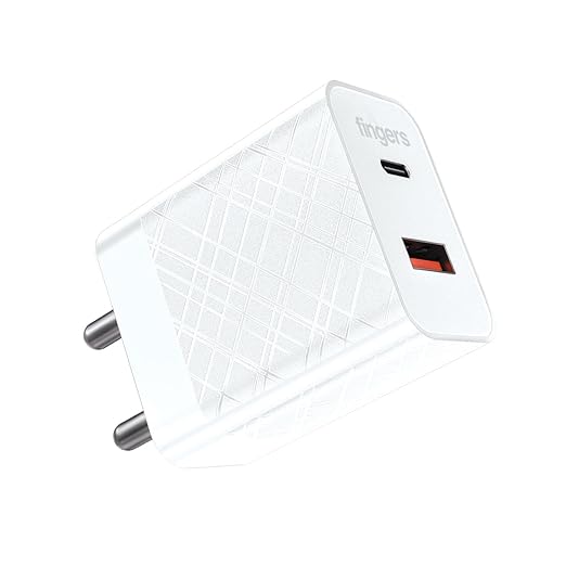 FINGERS PA-Fast-C20 27W Fast Charging Mobile Adapter with Dual USB Ports (USB-A Quick Charge & Type-C PD) for iOS & Android Devices - Classic White