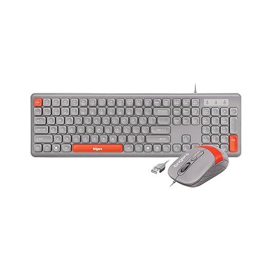 FINGERS Velvet Combo Rangeela Series Wired Deskset (Optical Mouse & Keyboard, 12 Soft-Touch Media Controls, Rupee Key, Pearl Grey + Orange)