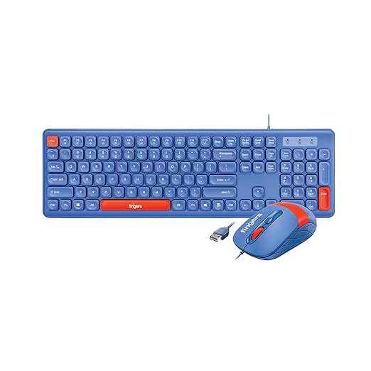 FINGERS Velvet Combo Rangeela Series Wired Deskset (Mouse + Keyboard) - Optical Technology, 12 Soft-Touch Media Controls & Rupee Key (Sapphire Blue + Orange)