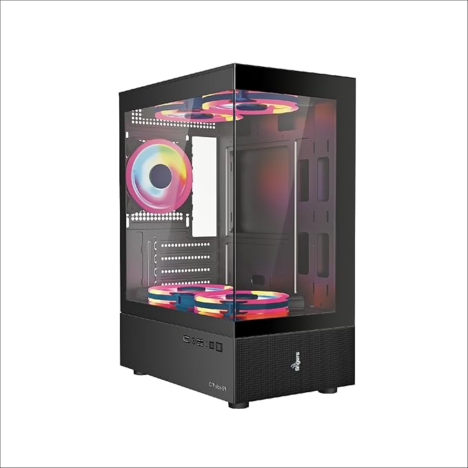 FINGERS C-Vision-5N Micro-ATX PC Cabinet – Dual Toughened Glass Panels, 5 Pre-Installed ARGB Fans, Liquid Cooler Support, Magnetic Dust Filter, USB 3.0