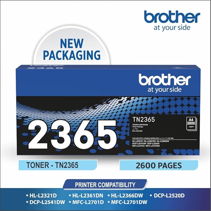 Brother TN-2365 Toner Cartridge - 2600 Pages Yield, Compatible with HL-L2321D, HL-L2361DN, HL-L2366DW, DCP-L2520D, DCP-L2541DW, MFC-L2701D, and MFC-L2701DW Printers