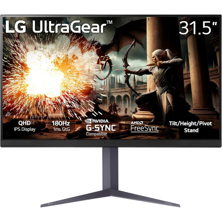 LG 32GS75Q 32 Inch QHD (2560x1440) IPS Ultragear Gaming Monitor, 180Hz, 1ms, DisplayHDR 400, NVIDIA G-SYNC Compatible, AMD FreeSync, HDR10, Tilt/Height/Pivot Stand, HDMI, DisplayPort, Black Colour