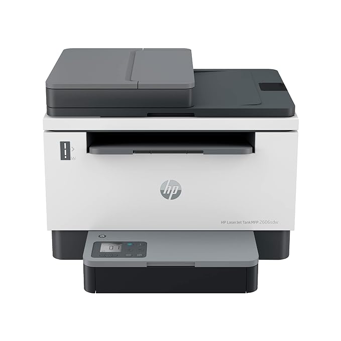 HP LaserJet Tank MFP 2606sdw Wireless Multifunction Printer, Print, Copy, Scan, 40-Sheet ADF, USB 2.0, Ethernet, Bluetooth LE, Up to 22 ppm, 250-Sheet Input Tray, 1-Year Warranty, Black and White - Model 381U2A