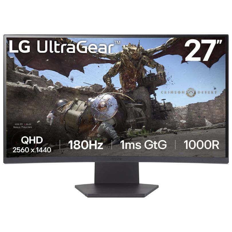 LG 27GS60QC-B UltraGear 27-Inch Curved Gaming Monitor, QHD (2560x1440), 180Hz, 1ms, 1000R, AMD FreeSync, HDR10, HDMI x 2, DisplayPort, Borderless Design, Black Stabilizer, DAS, Crosshair, FPS Counter - Black