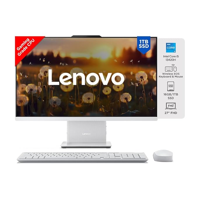 Lenovo IdeaCentre AIO 27" FHD IPS All-in-One Desktop with Intel Core i5 13420H, 16GB RAM, 1TB SSD, Alexa Built-in, Windows 11, Office 2021, 5.0MP+IR Camera, Wireless Keyboard & Mouse (F0HM003CIN)