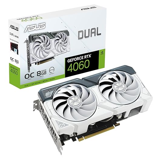 ASUS Dual GeForce RTX 4060 OC White Edition 8GB GDDR6 Graphics Card (PCIe 4.0, DLSS 3, HDMI 2.1a, DisplayPort 1.4a, 2.5-Slot Design, Axial-Tech Fans, 0dB Technology)‎