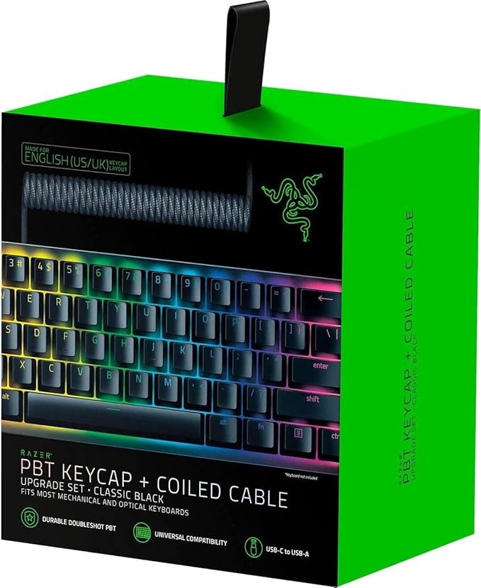 Razer PBT Keycap & Coiled Cable Upgrade Set: Durable Doubleshot PBT, Universal Compatibility, Keycap Removal Tool, Stabilizers, Braided Fiber Cable - Classic Black (Model: RC21-01490800-R3M1)