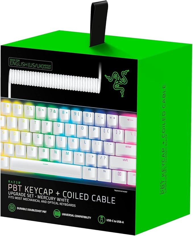 Razer PBT Keycap & Coiled Cable Upgrade Set: Durable Doubleshot PBT, Universal Compatibility, Keycap Removal Tool, Stabilizers, Braided Fiber Cable - Mercury White (Model: RC21-01490900-R3M1)